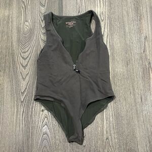 Minkpink Move Bodysuit Sleeveless Front Zip Athletic Stretch Olive Green Large